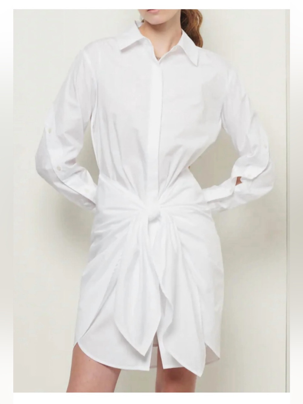 DEREK LAM 10 CROSBY Charlotte Shirt Cotton Woven Tie Front Dress | White | 8